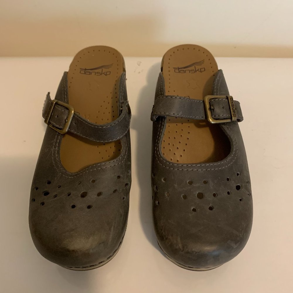 Dansko Gray Leather Clog Mules with Buckle